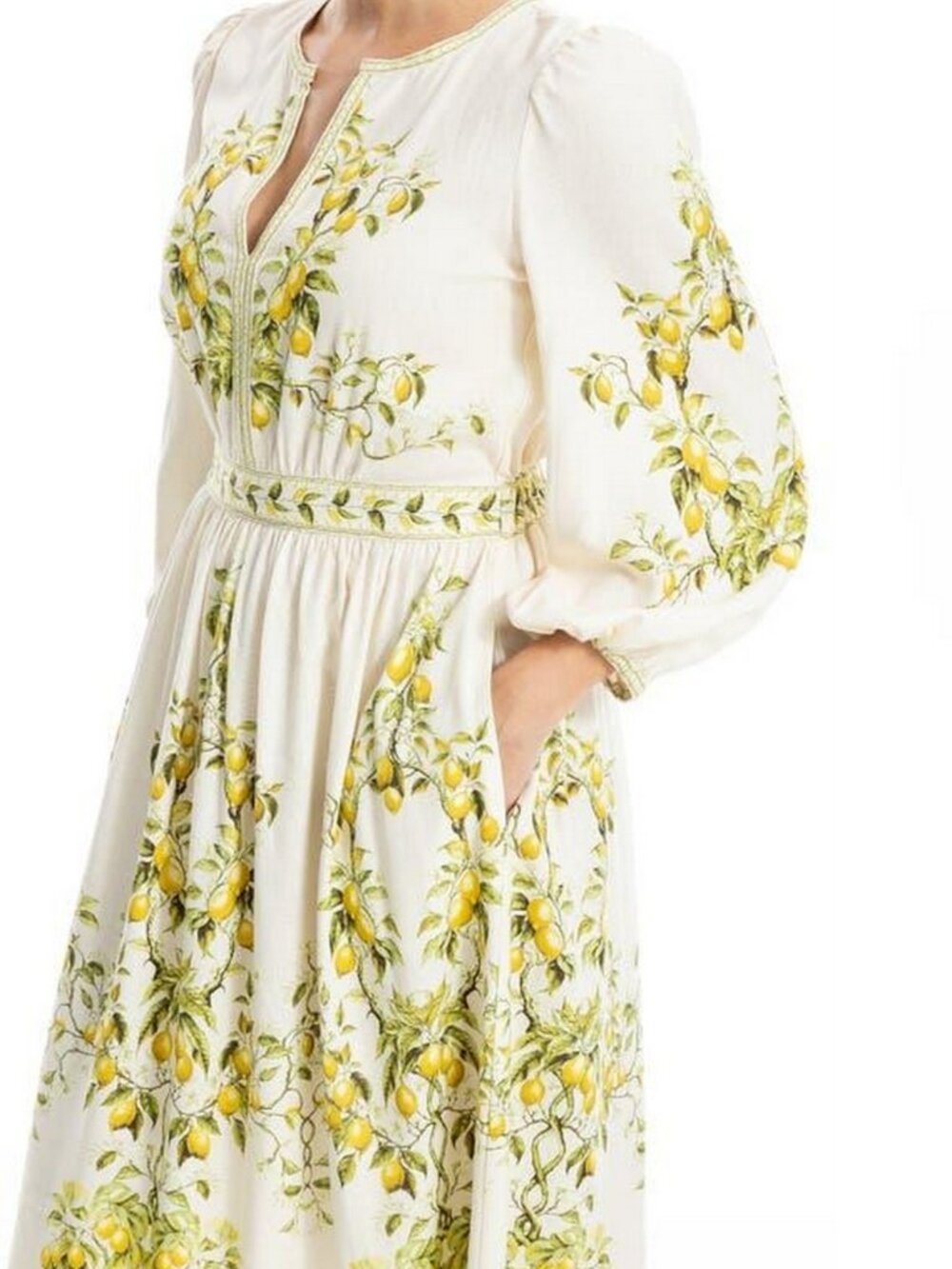Max Studio London Lemon Print Linen Blend Long Sleeve Maxi Dress